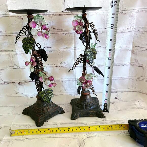 Set of 2 Iron/Metal Grapevine Pillar Candle Holders with Acrylic Lucite Grapes - Picture 7 of 10